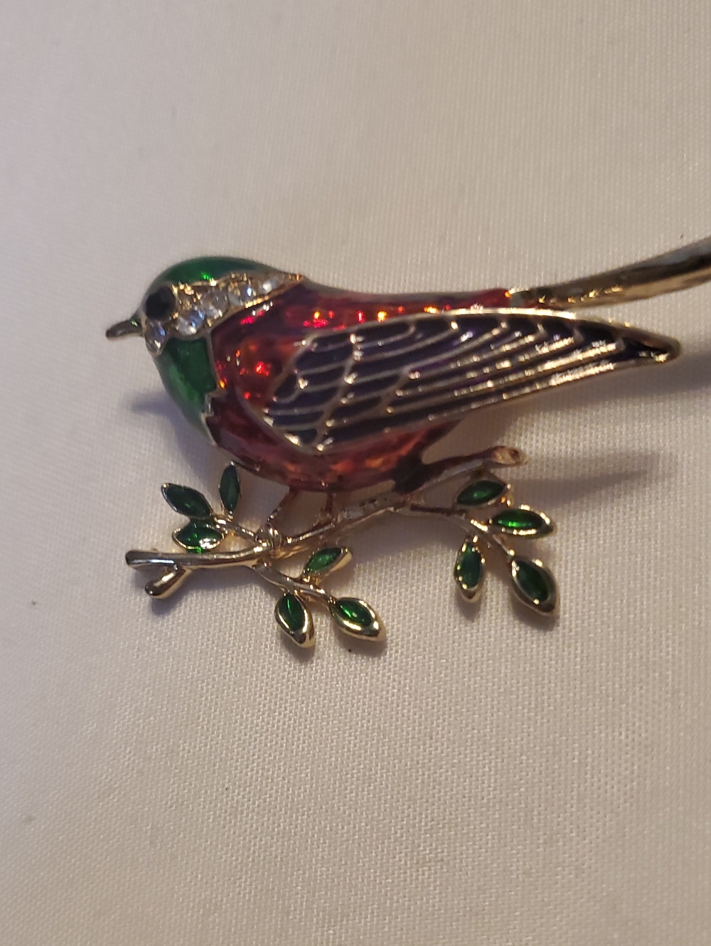Colorful Enamel Bird Brooch - Green and Red Accent